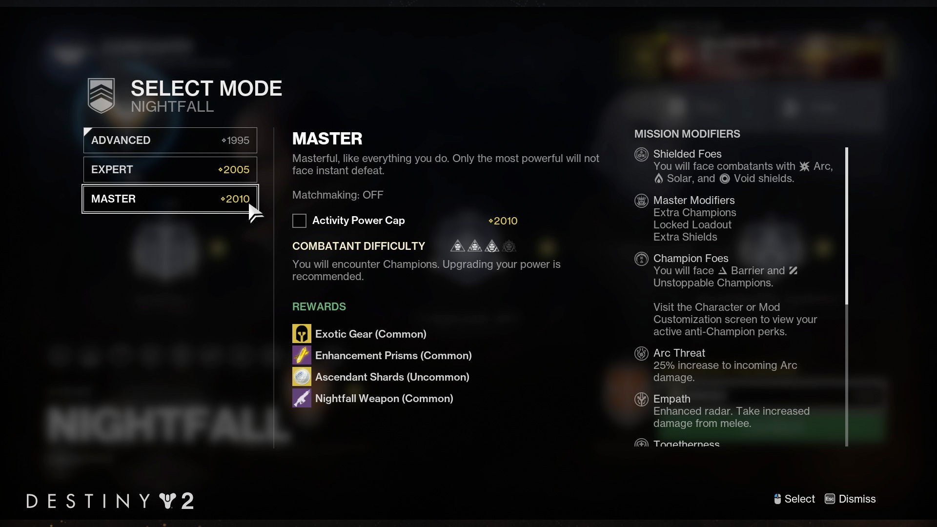 Destiny 2 - Activity Launch: Power and Difficulty Communication